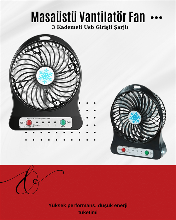 USB Girişli Taşınabilir Masaüstü Mini Fan – 3 Kademeli Hız, Şarjlı, Işıklı, Sessiz Çalışma - Lisinya