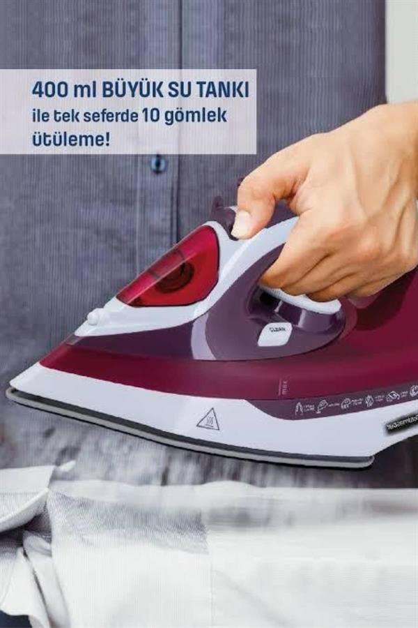 Yeni Nesil Kırmızı Buharlı Ütü 2200 Watt Seramik Tabanlı Yüksek Buhar Gücü - Lisinya