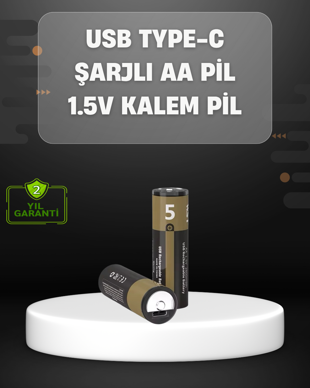 USB Type-C Girişli Şarjlı AA Lityum Pil | 1.5V Sabit Çıkış | 3200mWh (2'li Paket) - Lisinya