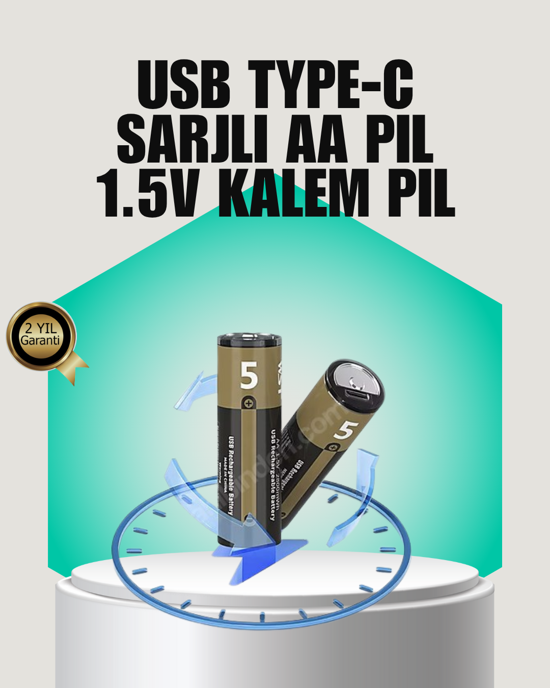 1.5V AA Şarjlı Lityum Pil | 1000+ Kez Şarj Edilebilir | Hızlı Type-C Şarj (2 Adet) - Lisinya
