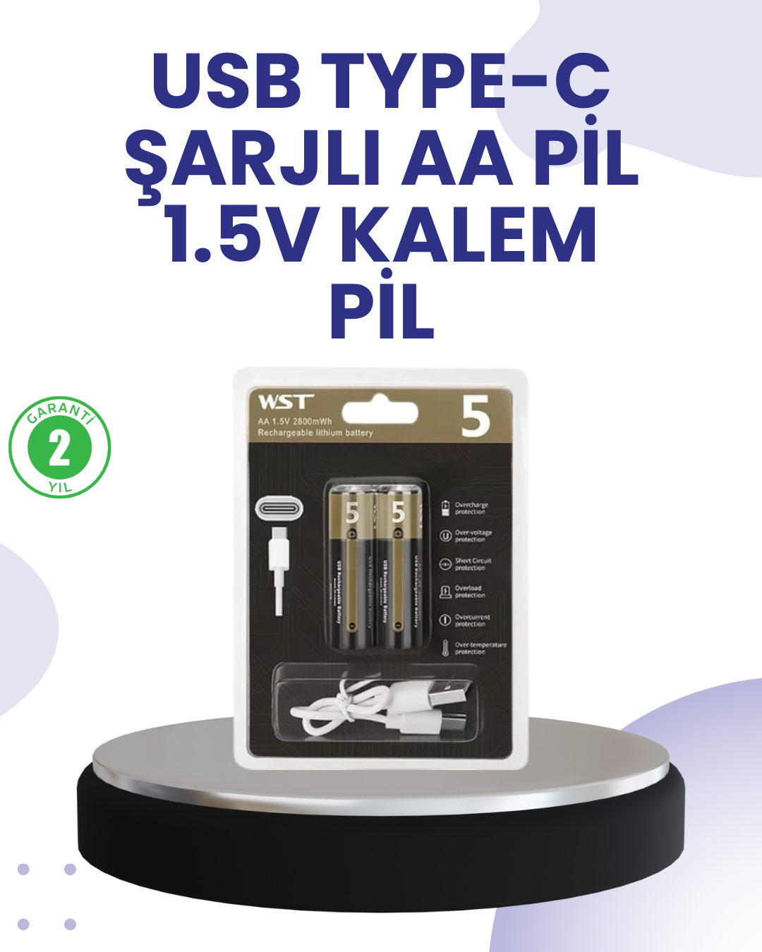 Type-C USB ile Hızlı Şarj Edilebilir AA Kalem Pil | 1.5V Lityum | Çiftli Paket - Lisinya