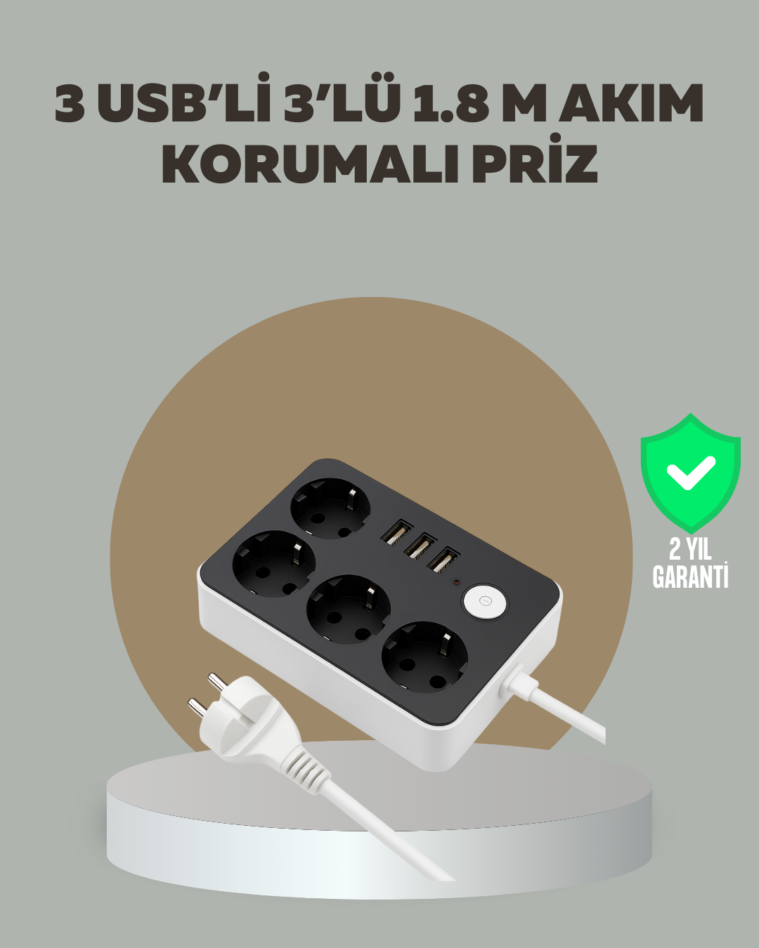 4 Prizli 3 USB Portlu Anahtarlı Akım Korumalı Priz - Lisinya