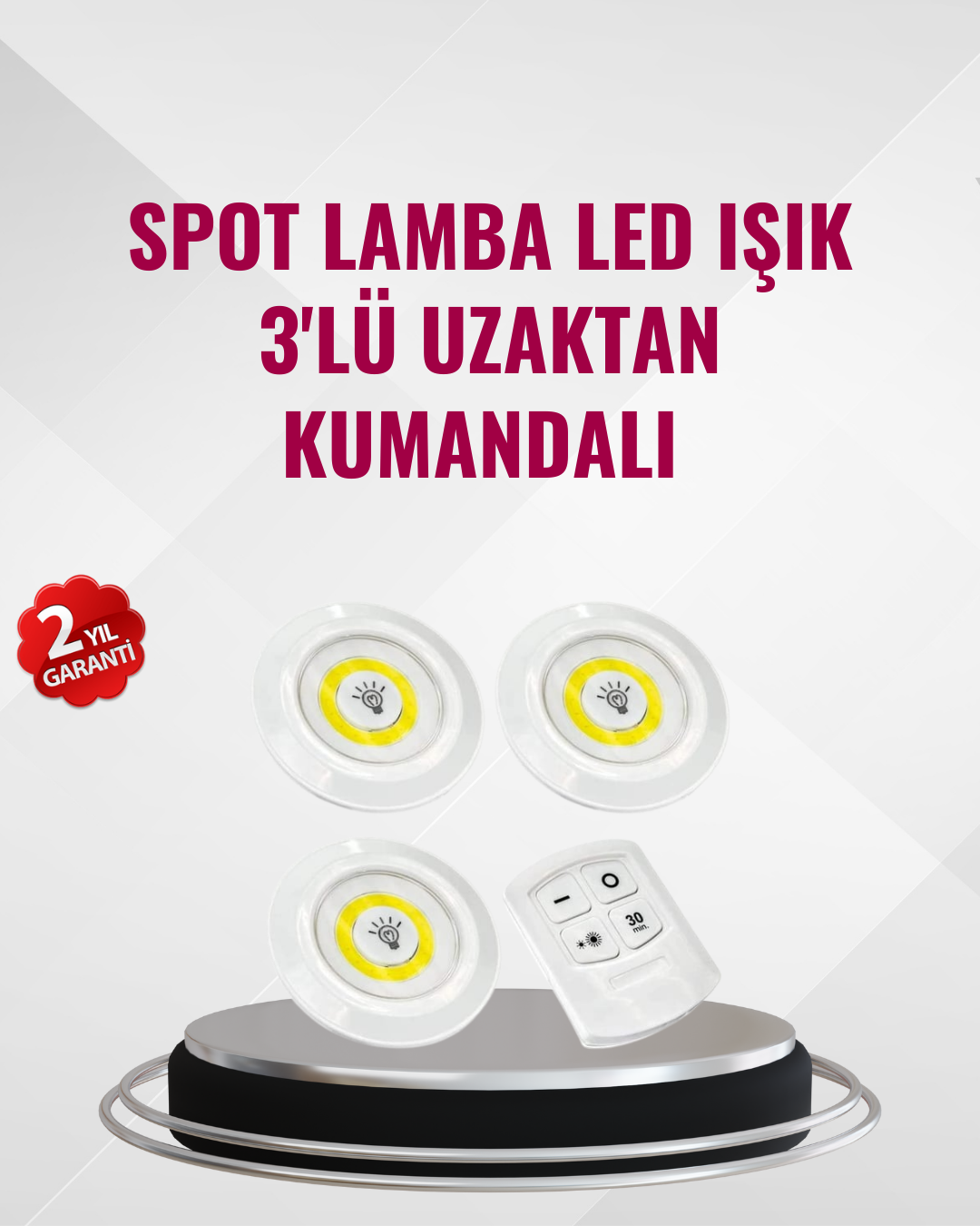 3 Lü Pilli Kablosuz Led Spot Lamba Seti Kumandalı Kolay Montaj Aydınlatma - Lisinya