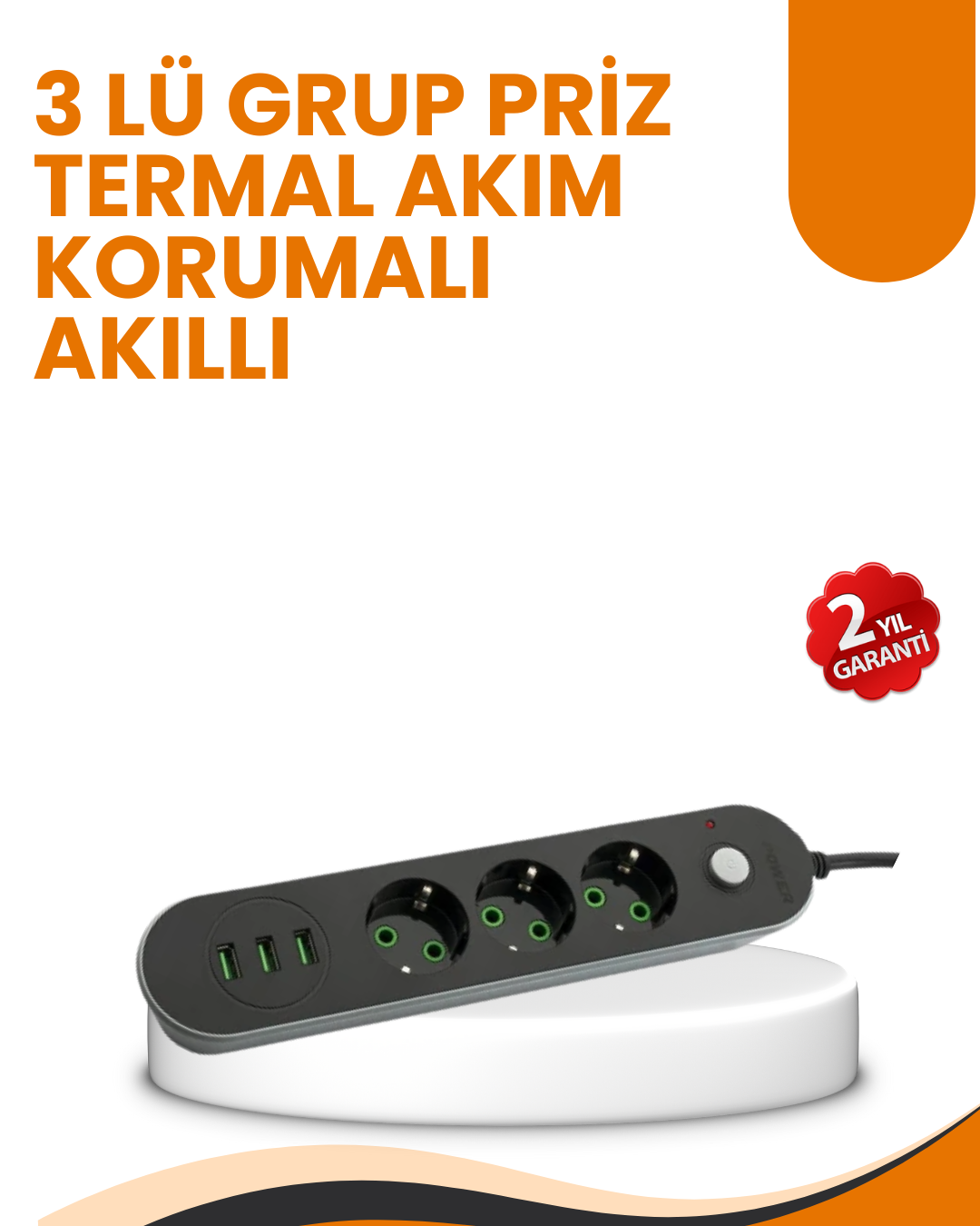 2 Metre Kablolu 3 USB Portlu Anahtarlı Üçlü Priz - Lisinya