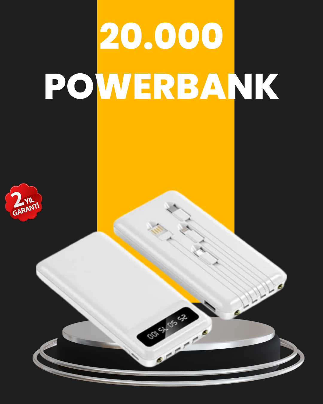 LED Işıklı 20.000mAh Powerbank LCD Gösterge Dahili Çoklu Kablo - Lisinya