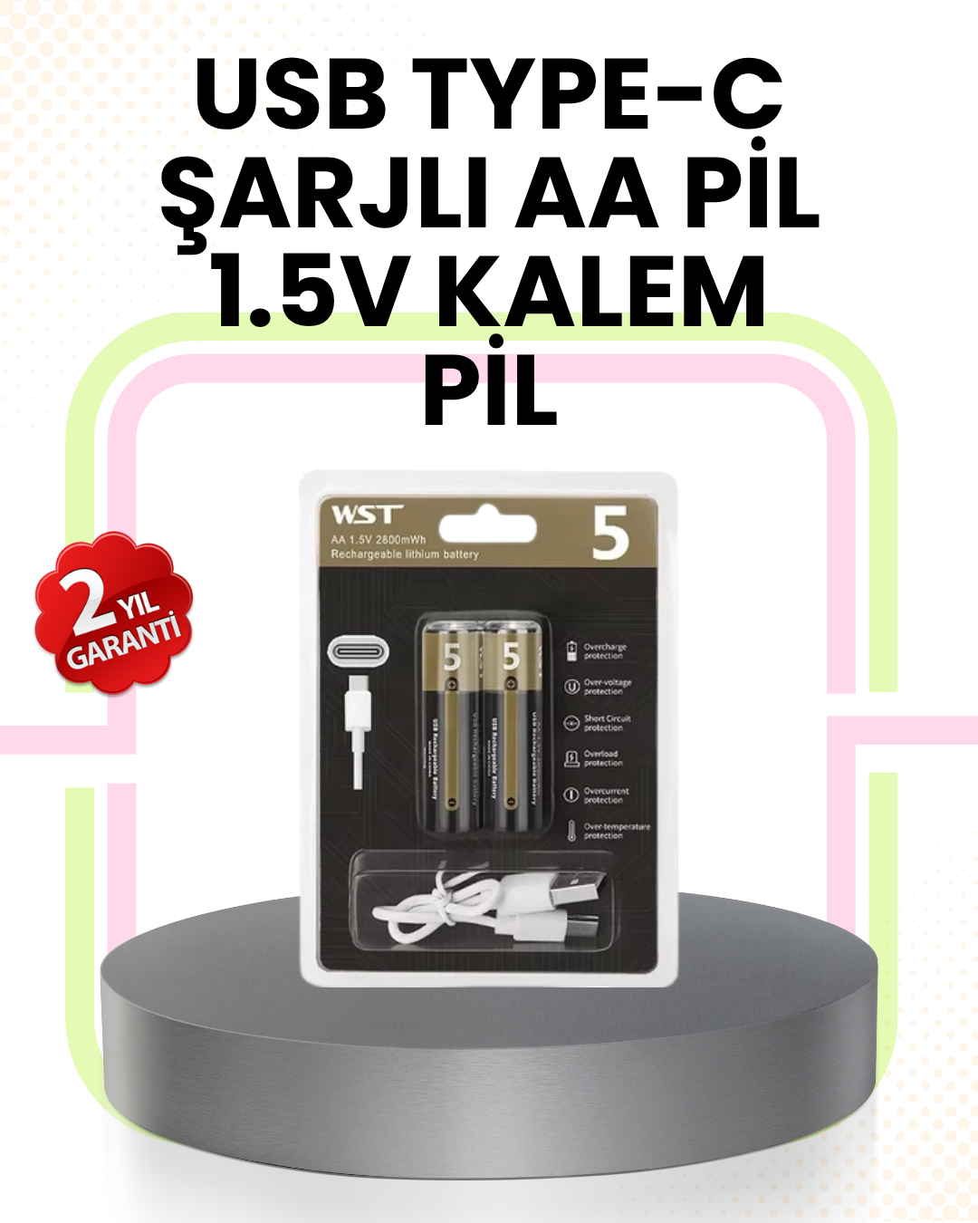Tekrar Şarj Edilebilir AA USB Type-C Pil | 1000+ Döngü | 1.5V Sabit Voltaj - Lisinya
