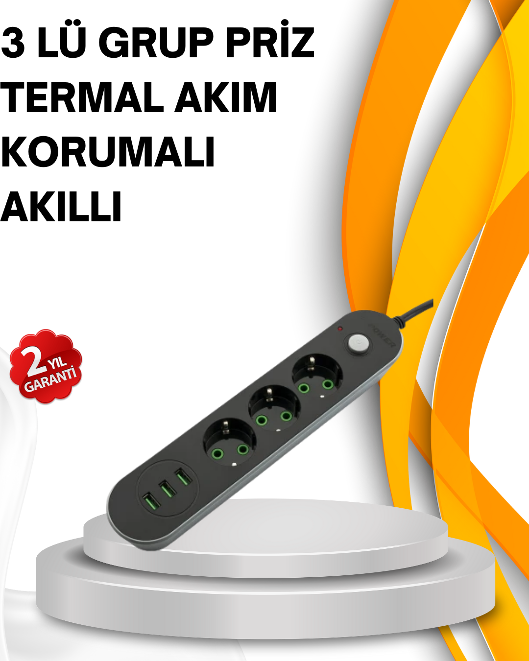 Hızlı Şarj Özellikli 3 USB Girişli Üçlü Priz - Lisinya
