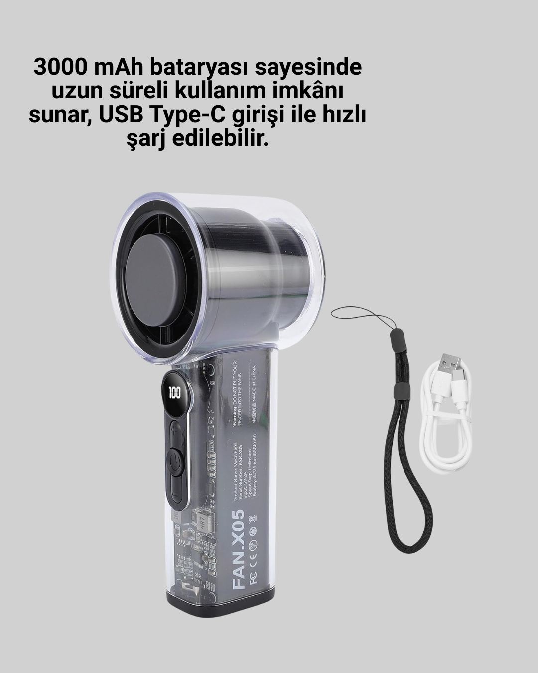 100 Kademeli Ayarlanabilir Mini Fan | Dijital Ekranlı Serinletici - Lisinya