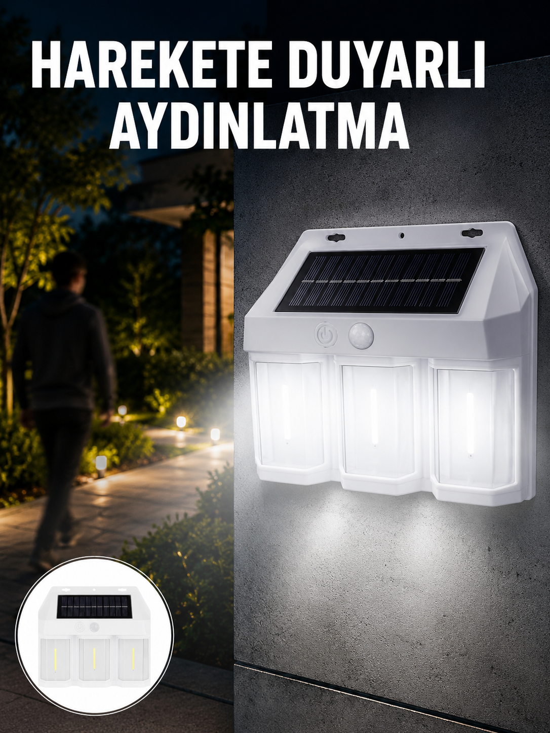 3 in 1 Solar Duvar Lambası – IP65 Su Geçirmez, Hareket Sensörlü - Lisinya 3 in 1 Solar Duvar Lambası – IP65 Su Geçirmez, Hareket Sensörlü - Lisinya