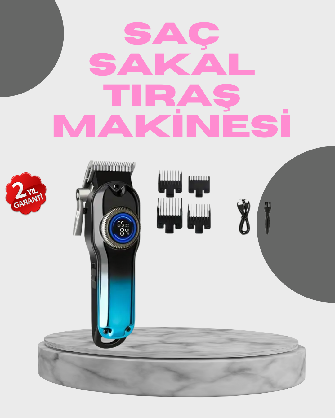 Profesyonel Saç Kesme Makinesi – 2000 mAh Şarjlı, LCD Ekranlı - Lisinya