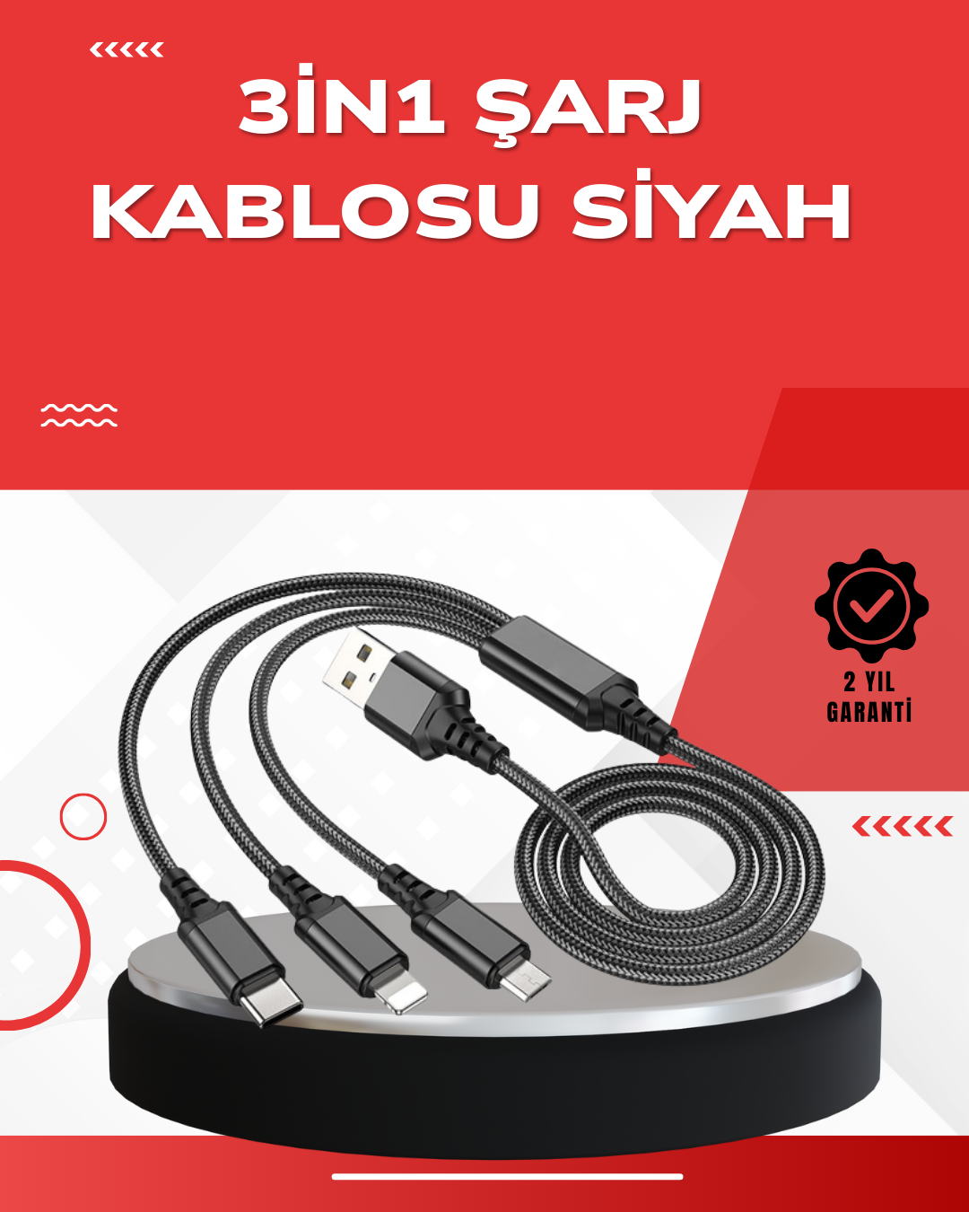 Dayanıklı Metal Başlıklı 3’ü 1 Arada Şarj Kablosu – Tüm Cihazlarla Uyumlu - Lisinya