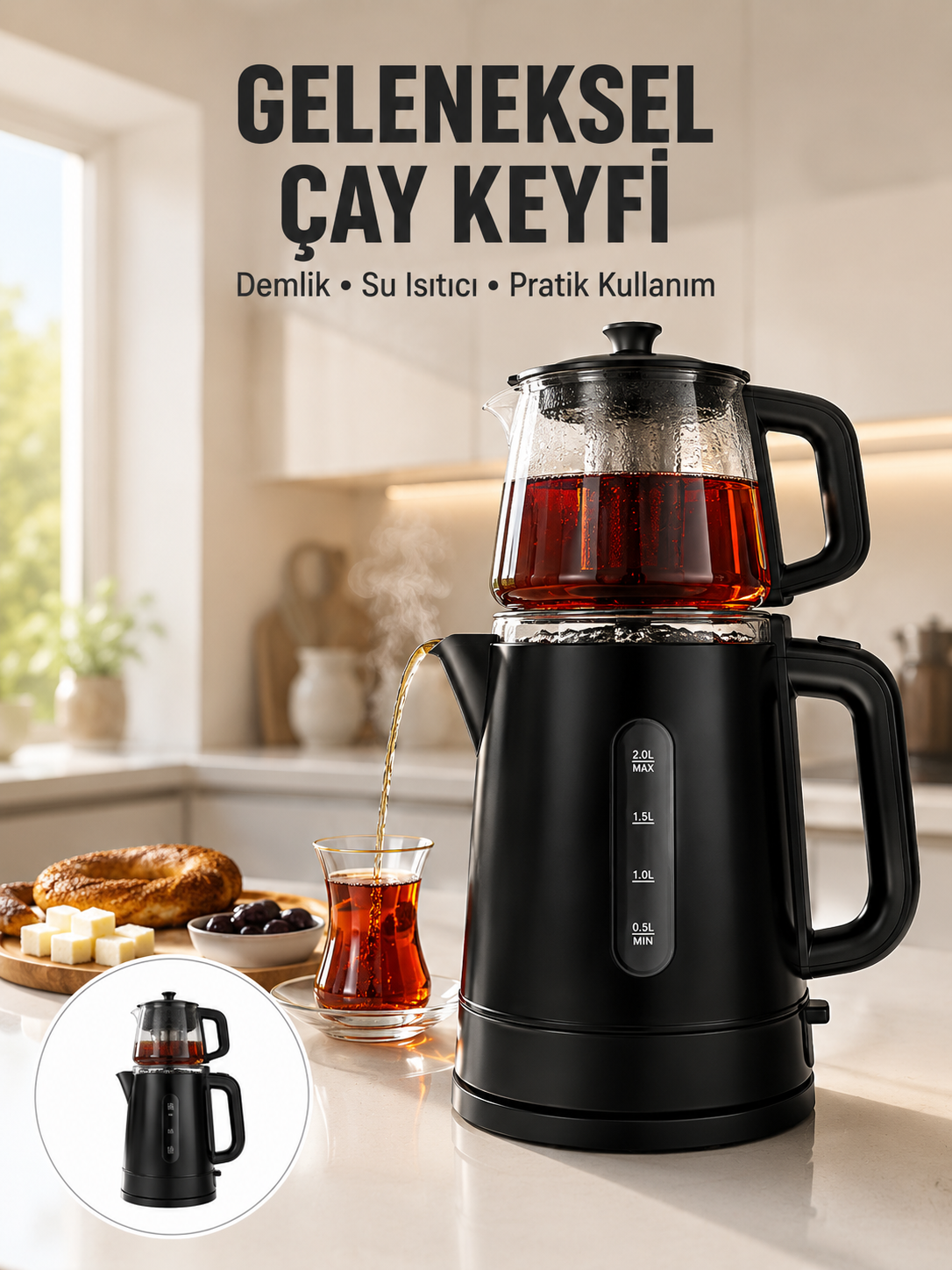 0,9 L Cam Demlik ve 1,7 L Su Haznesi ile Çay Keyfi - Lisinya