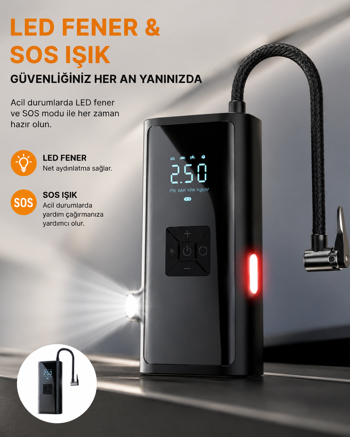 LED Fenerli ve SOS Işıklı Çok Fonksiyonlu Hava Kompresörü - Lisinya LED Fenerli ve SOS Işıklı Çok Fonksiyonlu Hava Kompresörü - Lisinya