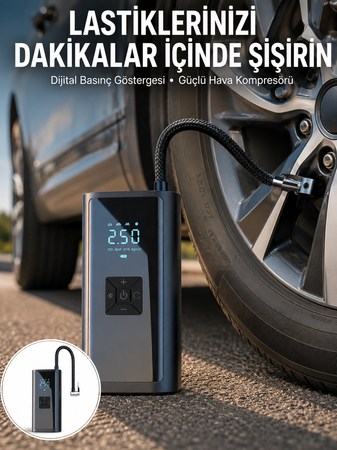 12V Uyumlu Çok İşlevli Akıllı Araç Lastik Pompası - Lisinya 12V Uyumlu Çok İşlevli Akıllı Araç Lastik Pompası - Lisinya
