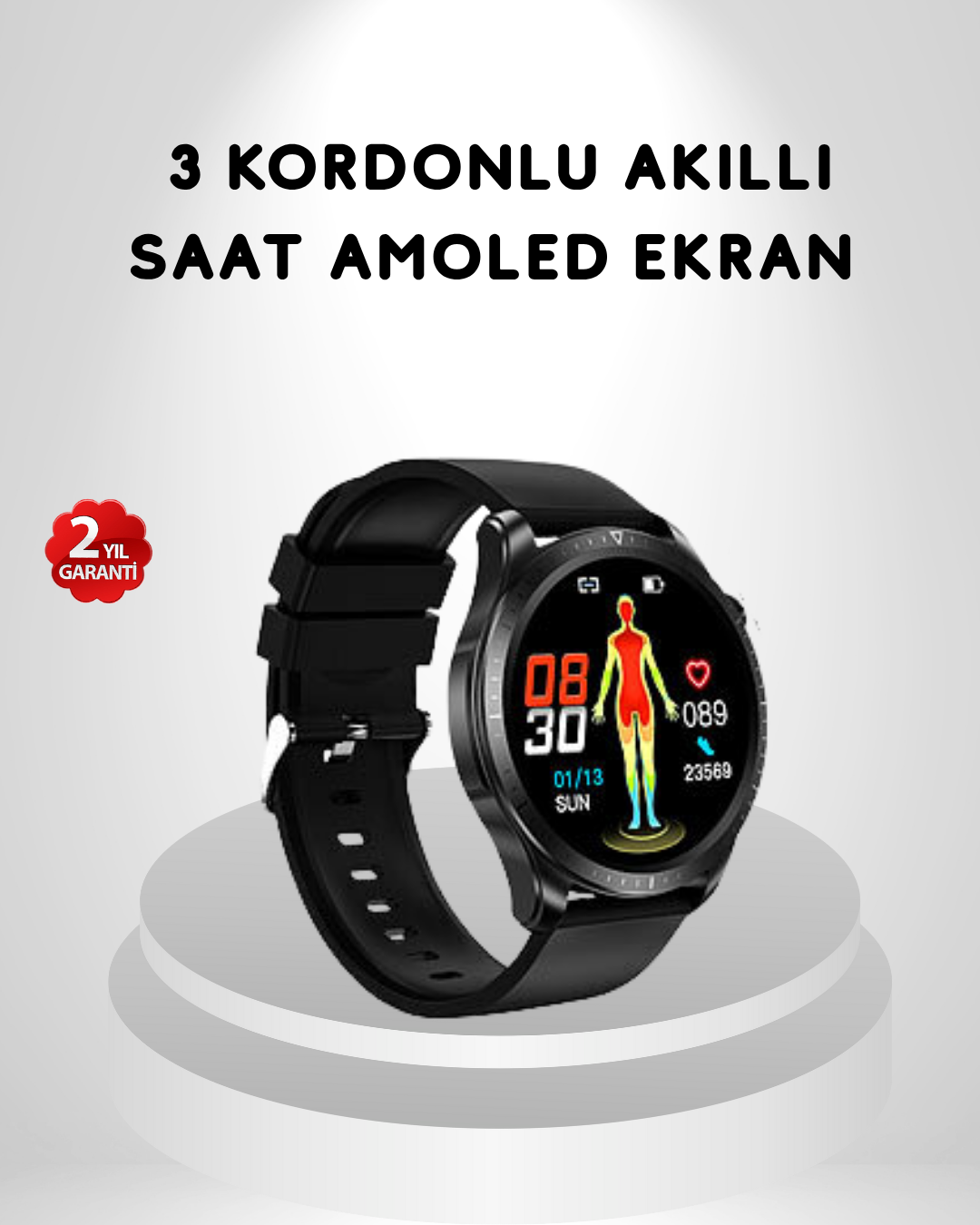 AMOLED Ekranlı Akıllı Saat – 3 Kordon Seçenekli, Suya Dayanıklı, Kalp Atış ve Uyku Takip Özellikli - Lisinya