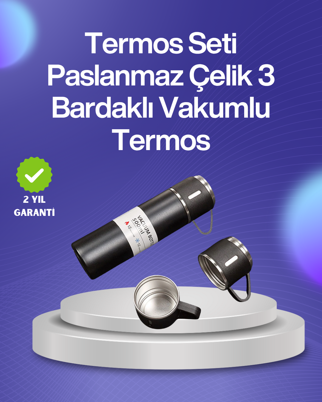 Isıyı Uzun Süre Koruyan 500 ml Termos Seti | Çelik Gövde, 2 Bardaklı, Hediye Kutulu - Lisinya