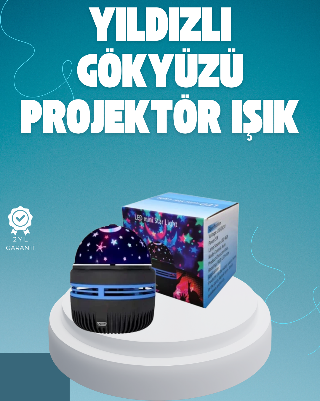 Döner Galaxy Projektör Gece Lambası – Ay ve Yıldız Işıklı Atmosfer Lamba, USB Bağlantılı - Lisinya