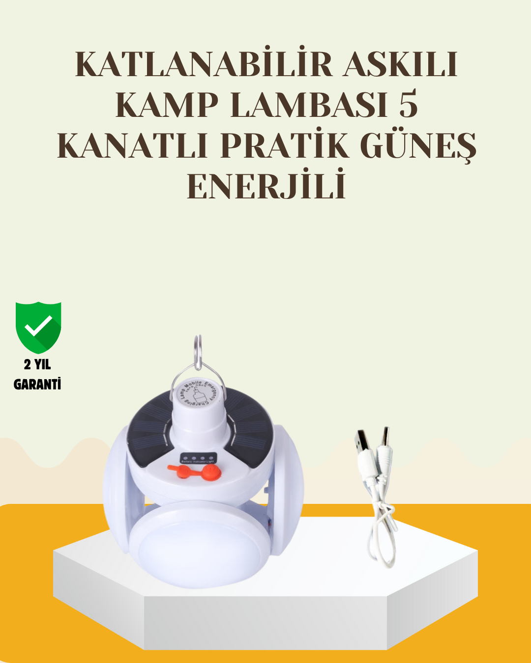 Güneş Paneliyle Şarj Olan Katlanabilir LED Çadır Lambası – 5 Kademeli Aydınlatma - Lisinya