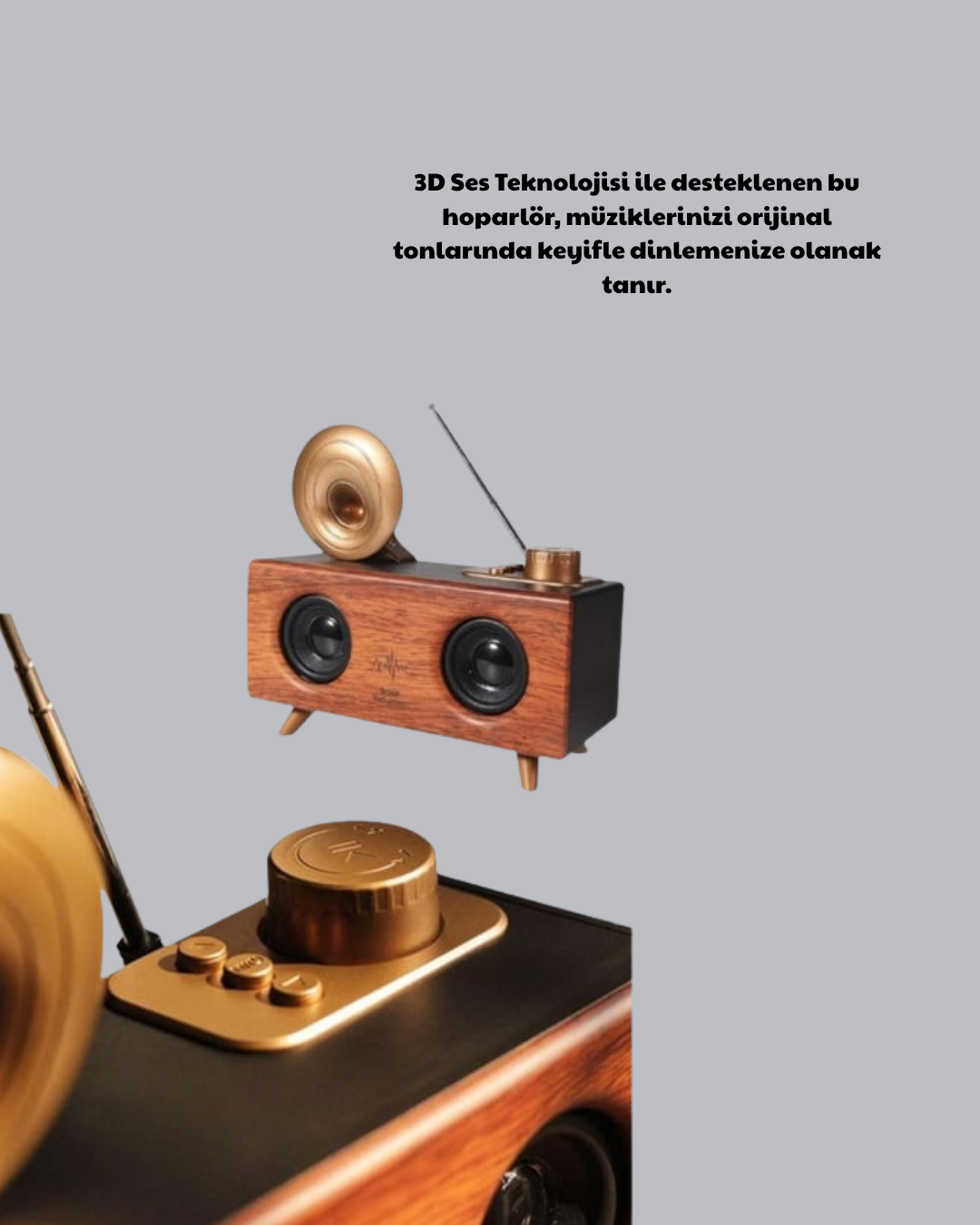 Retro Gramofon Tasarımlı Bluetooth Hoparlör – 3D Stereo Ses, 1800 mAh Batarya - Lisinya