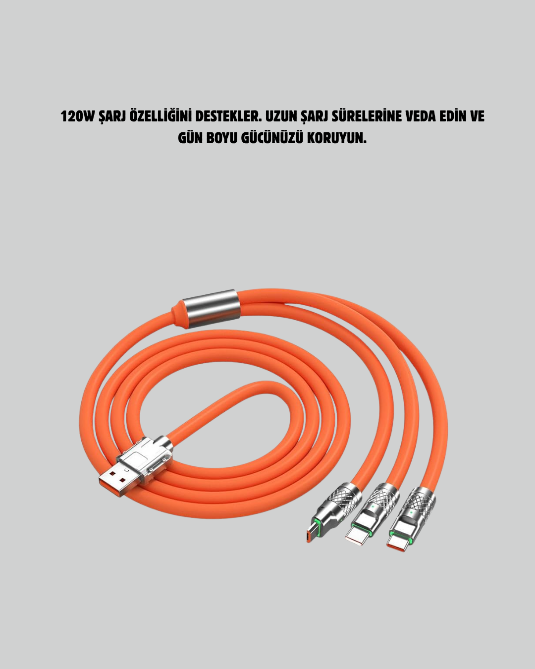 120W Şarj Destekli 3’ü 1 Arada Çoklu Şarj Kablosu – 1.2 Metre - Lisinya