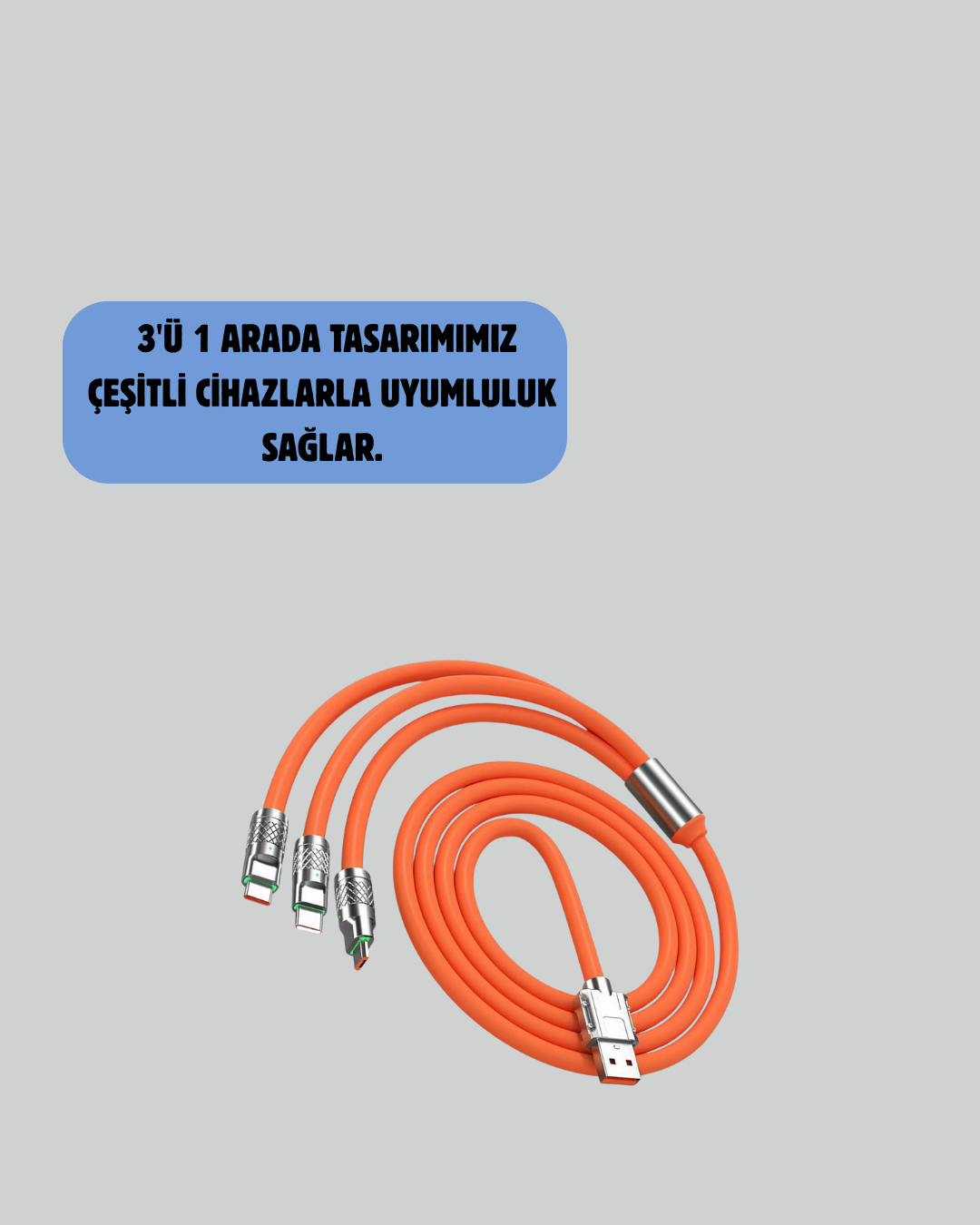 120W Şarj Destekli 3’ü 1 Arada Çoklu Şarj Kablosu – 1.2 Metre - Lisinya