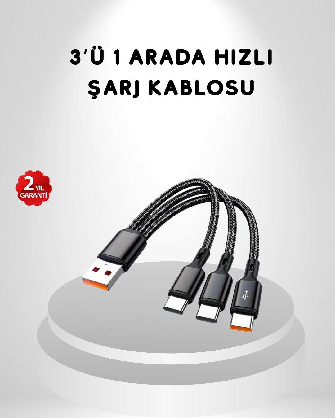 3’ü 1 Arada Hızlı Şarj Kablosu iOS Android Type-C Uyumlu ve Dayanıklı - Lisinya