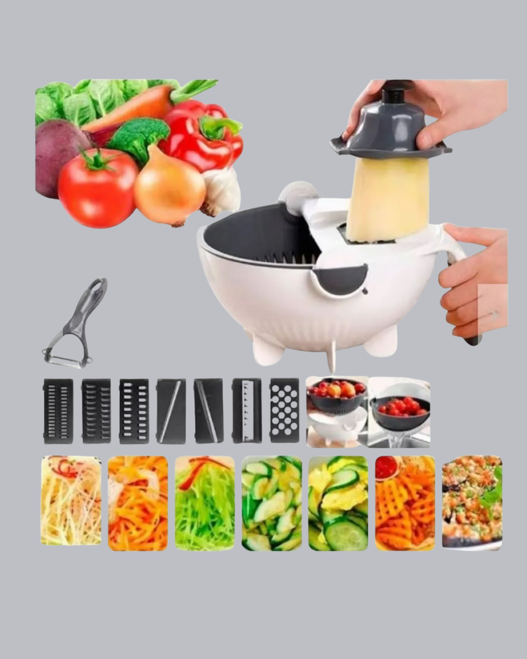 Çok Fonksiyonlu Döner Rende Süzgeç Hazneli Ergonomik Sebze Doğrayıcı - Lisinya