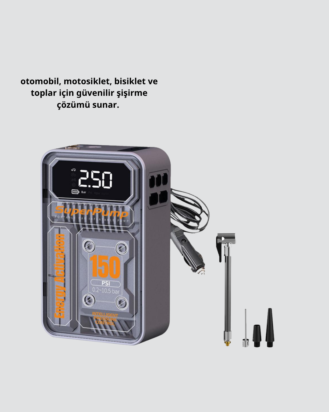 Şarjlı Kablosuz Hava Pompası – 150 PSI Basınç, LED Ekran ve 6000mAh Batarya - Lisinya