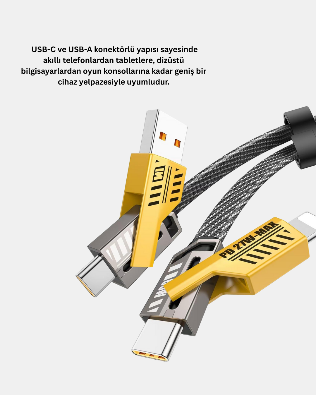 USB-C USB-A 4’ü 1 Arada Örgülü Kablo 65W Hızlı Şarj Metal Uç Dayanıklı - Lisinya