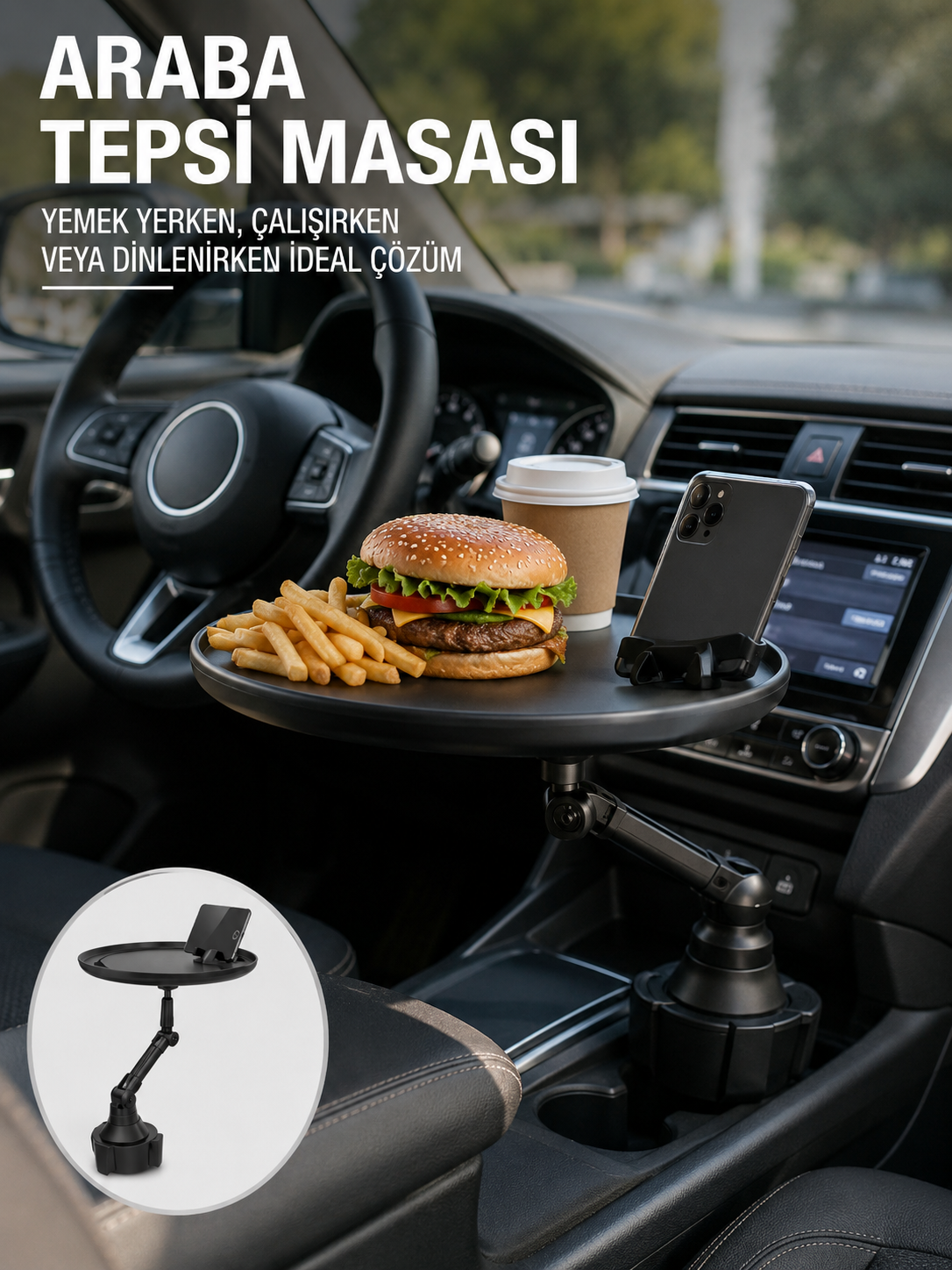 Araç İçi 360° Ayarlanabilir Bardaklık Tepsisi Geniş Yüzeyli ve Telefon Standlı - Lisinya Araç İçi 360° Ayarlanabilir Bardaklık Tepsisi Geniş Yüzeyli ve Telefon Standlı - Lisinya