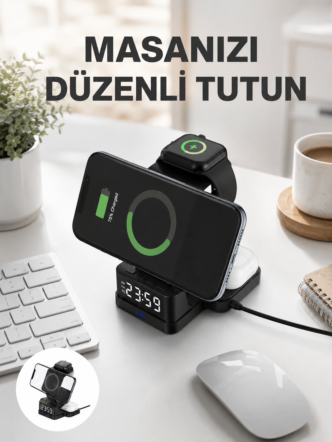 Dijital Saatli Kablosuz Şarj İstasyonu – 3’ü 1 Arada Apple Uyumlu Hızlı Şarj ve LED Ekran - Lisinya Dijital Saatli Kablosuz Şarj İstasyonu – 3’ü 1 Arada Apple Uyumlu Hızlı Şarj ve LED Ekran - Lisinya