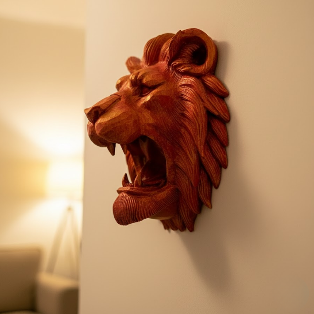 Dekoratif Asılabilir Aslan Başı 3D Duvar Heykeli Gold Red 20x21 cm - Lisinya