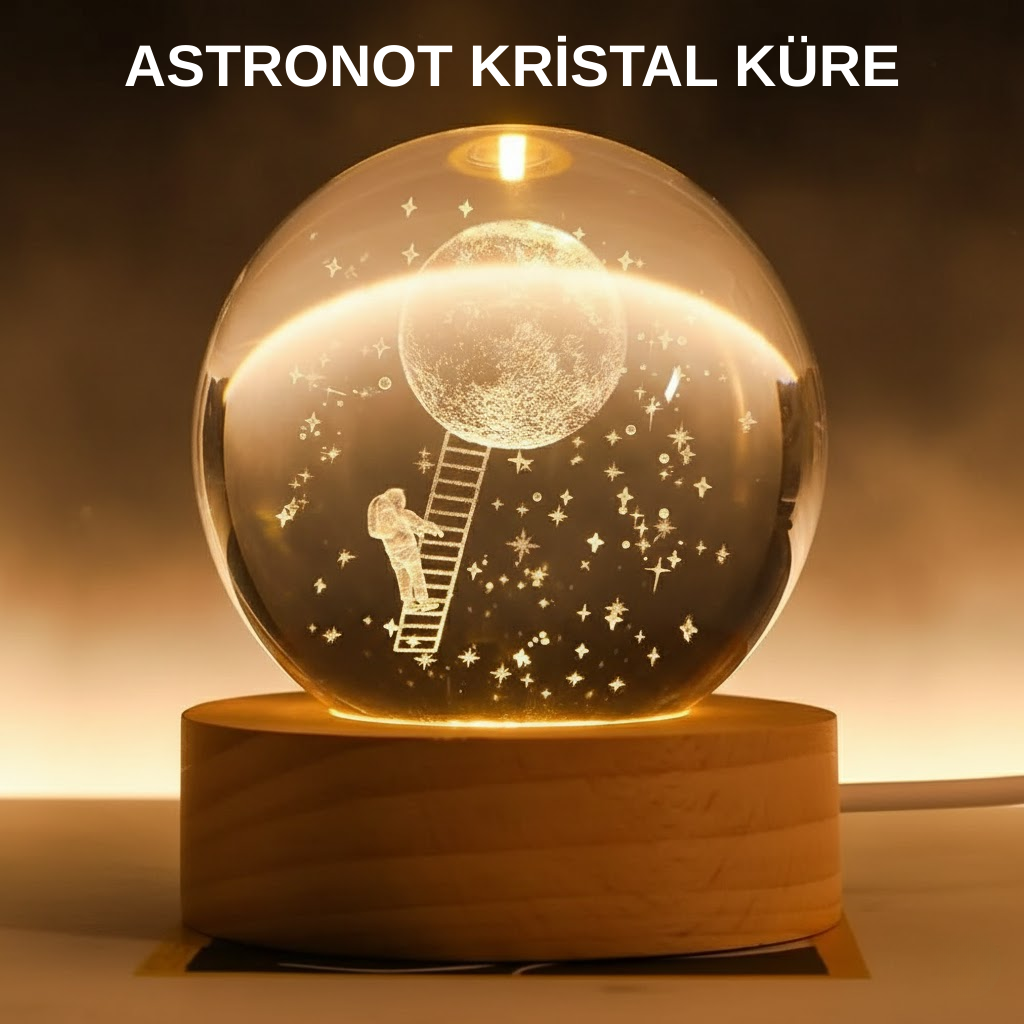3D Astronot Kristal Küre Gece Lambası USB Ahşap Standlı Dekoratif Işık - Lisinya