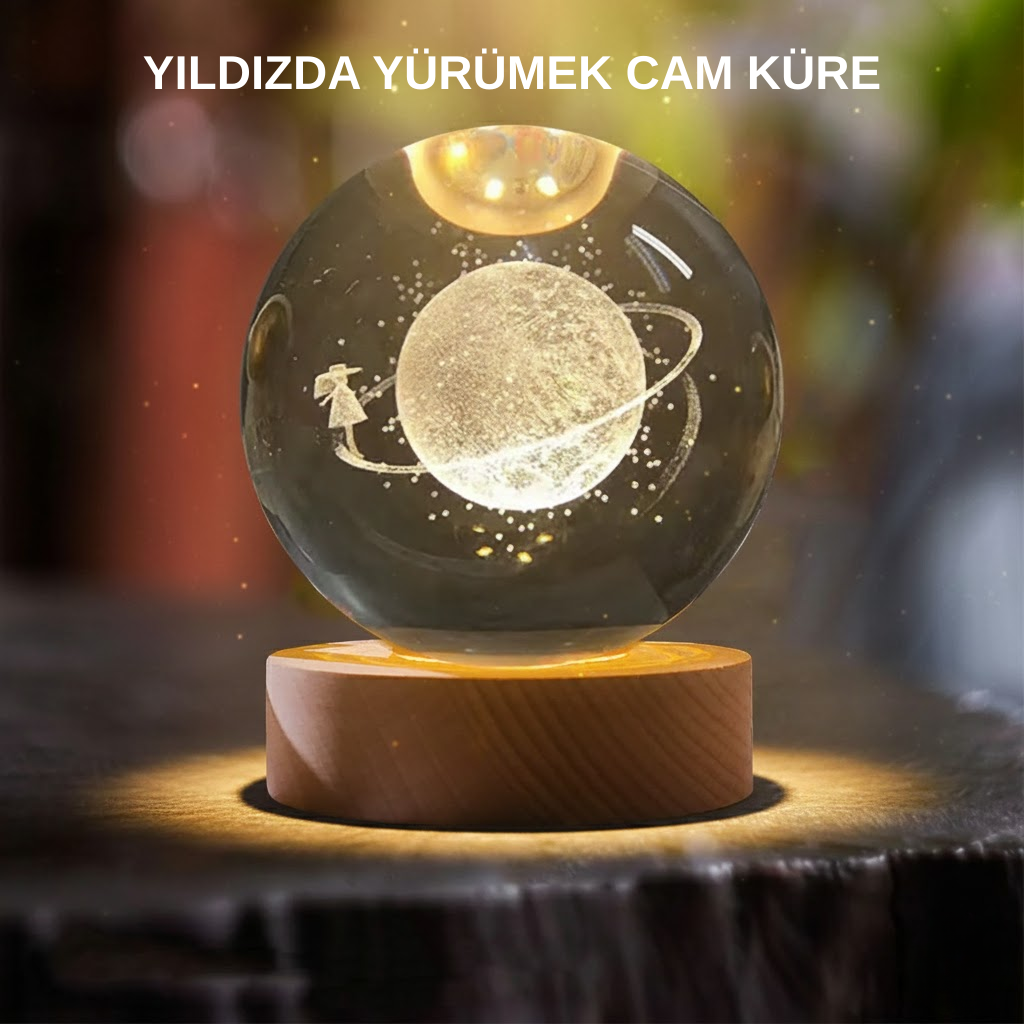 Sarı Işıklı Dekoratif Cam Küre Kız Figürlü Ahşap Standlı - Lisinya