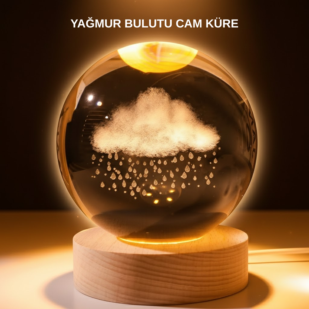 USB LED 3D Yağmur Bulutu Kristal Küre Sıcak Işıklı Ahşap Standlı Gece Lambası - Lisinya