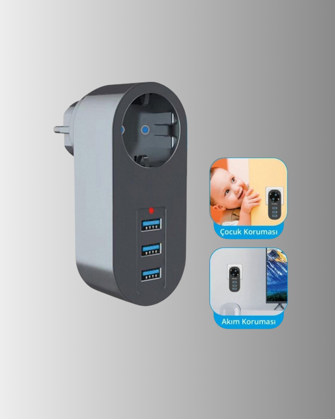 2500W Güç Destekli Akım Korumalı Priz – 3 USB Çıkışlı - Lisinya