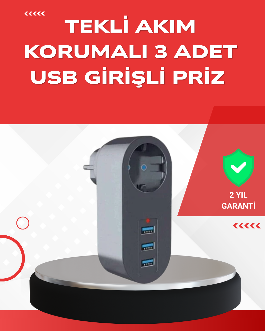 2500W Güç Destekli Akım Korumalı Priz – 3 USB Çıkışlı - Lisinya 2500W Güç Destekli Akım Korumalı Priz – 3 USB Çıkışlı - Lisinya