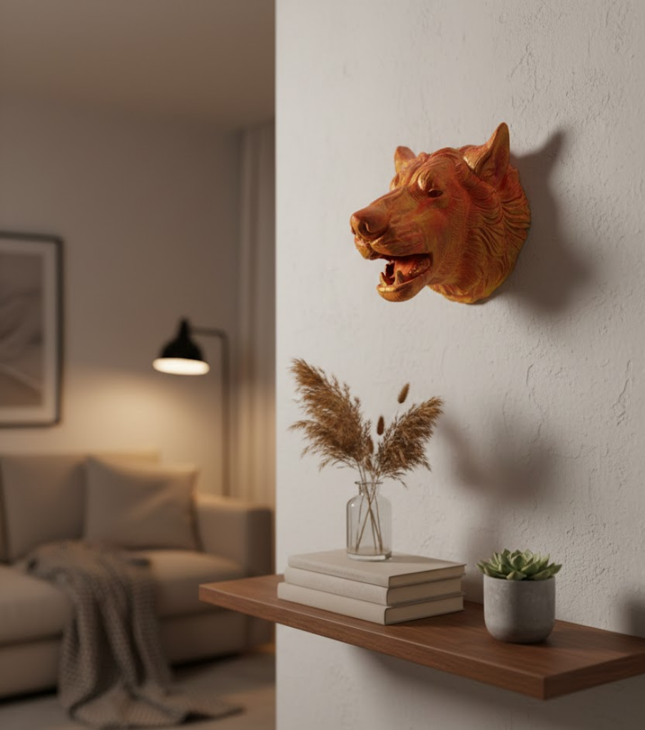 Gold Renk 3D Kurt Başı Duvar Dekoru - Lisinya