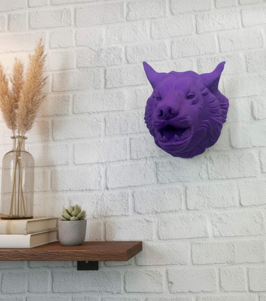 Mor Renk 3D Kurt Başı Duvar Dekoru Asılabilir Maskot Heykel 25x19 cm - Lisinya