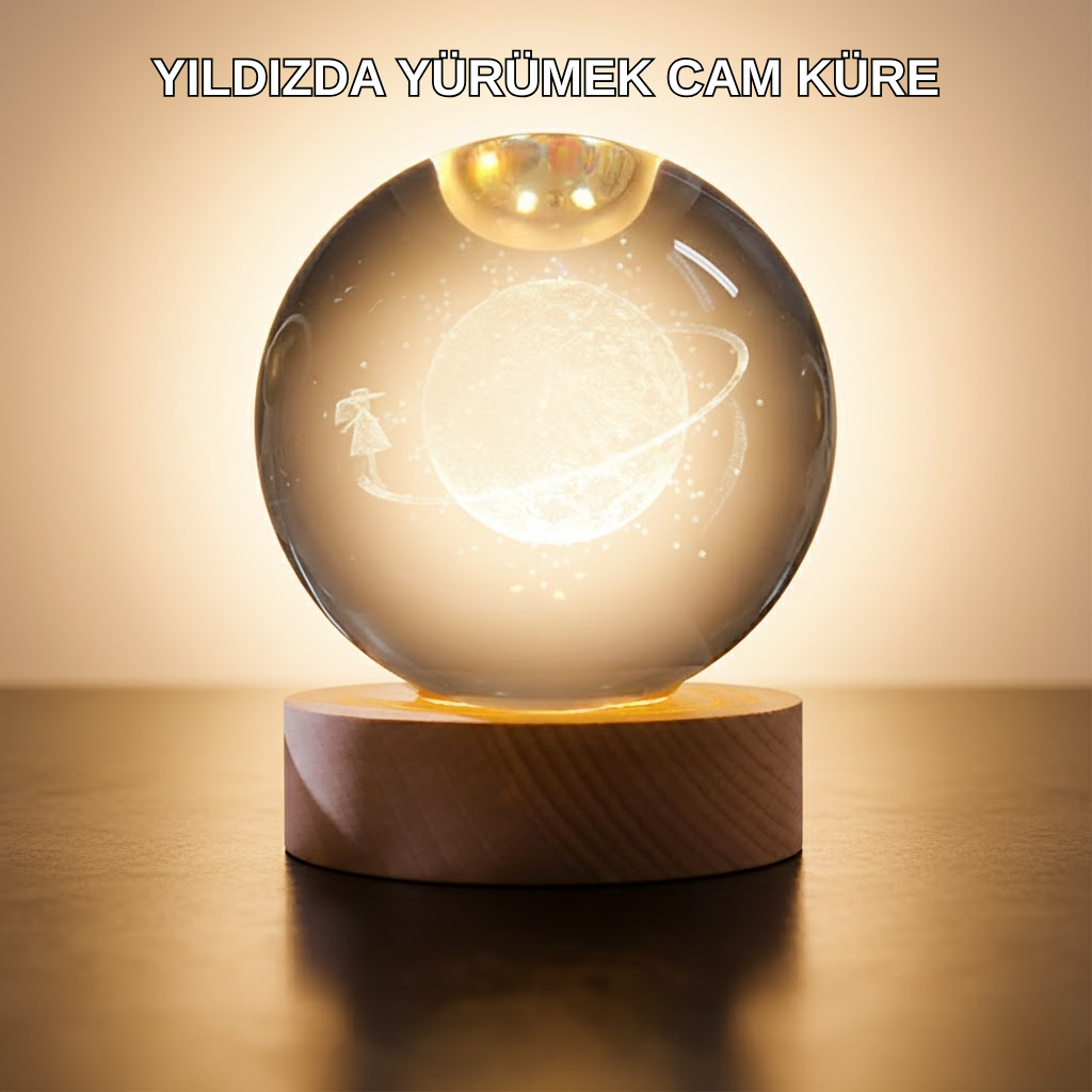 Işıklı Sarı Cam Küre ve Kız Figürü Ahşap Standlı Dekoratif Lamba - Lisinya