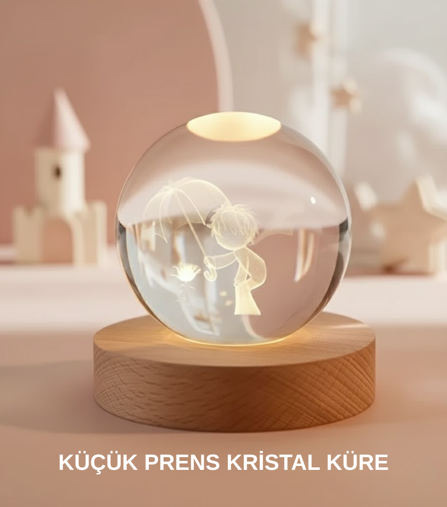 Küçük Prens Figürlü 3D Kristal Top Sıcak Işıklı USB Ahşap Tabanlı Dekor Lamba - Lisinya