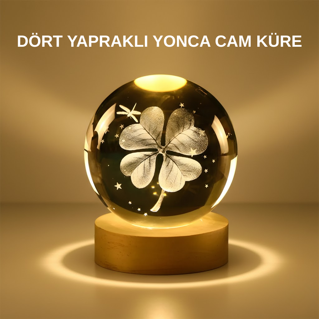 Dekoratif Yonca Görünümlü Işıklı Kristal Cam Küre USB Masa Gece Lambası - Lisinya