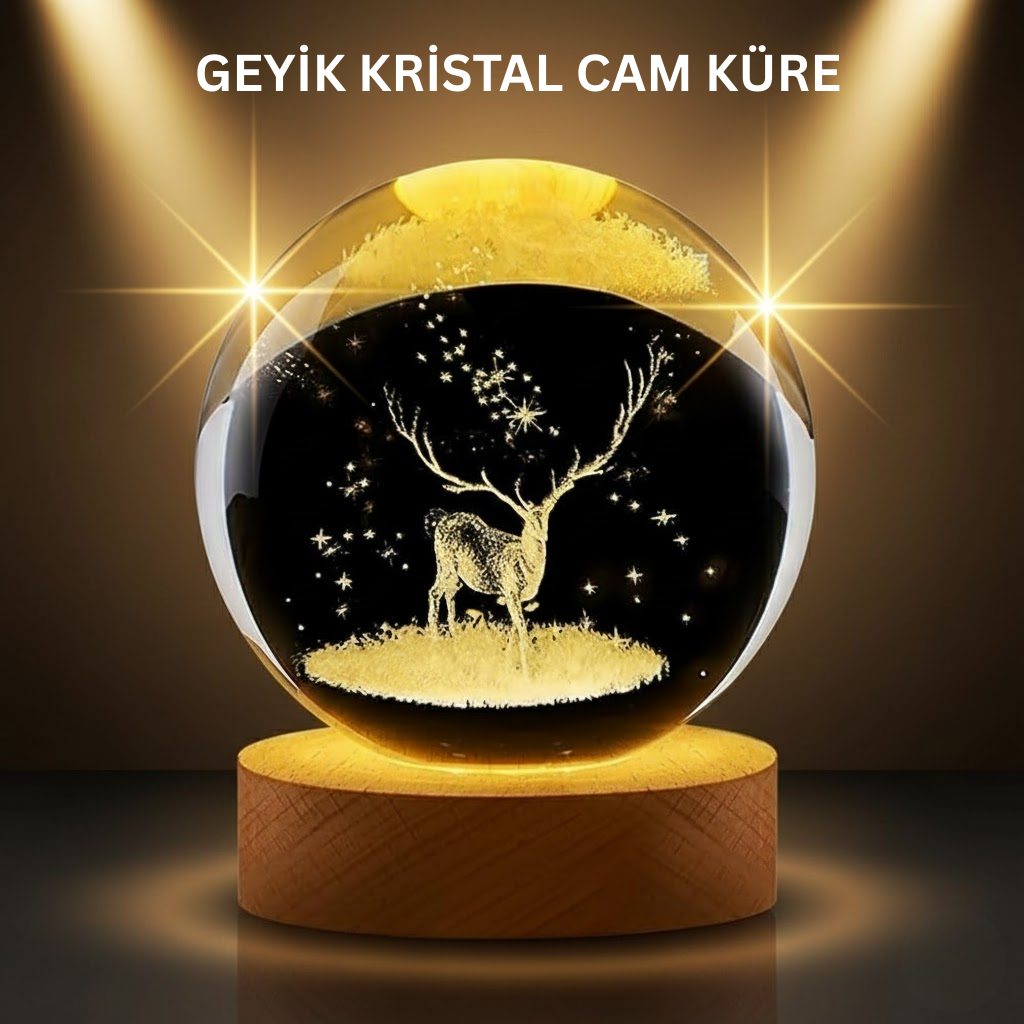 LED Işıklı Geyikli Kristal Küre Ahşap Standlı Modern Dekor Lamba - Lisinya