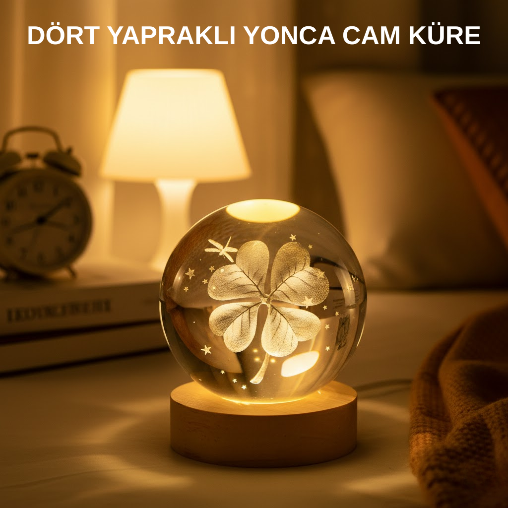 USB Bağlantılı Yonca Bitkili Cam Küre Ahşap Altlıklı Dekoratif Lamba - Lisinya