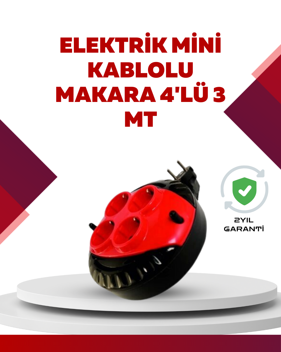 Kırmızı Renk 3 Metre 4’lü Kablolu Priz Makarası - Lisinya