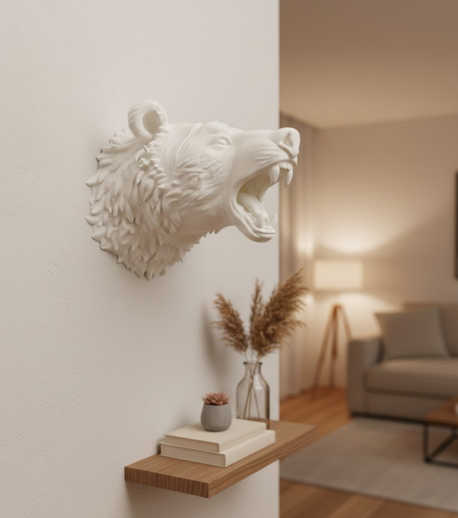 Özel Tasarım Beyaz Ayı Duvar Aksesuarı 3D Dekoratif Heykel 25x19 cm - Lisinya