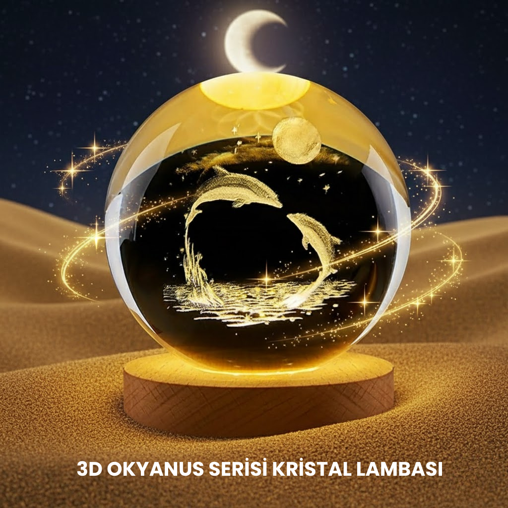 Yunus Temalı Kristal Küre USB Işıklı Ahşap Altlıklı Gece Lambası - Lisinya