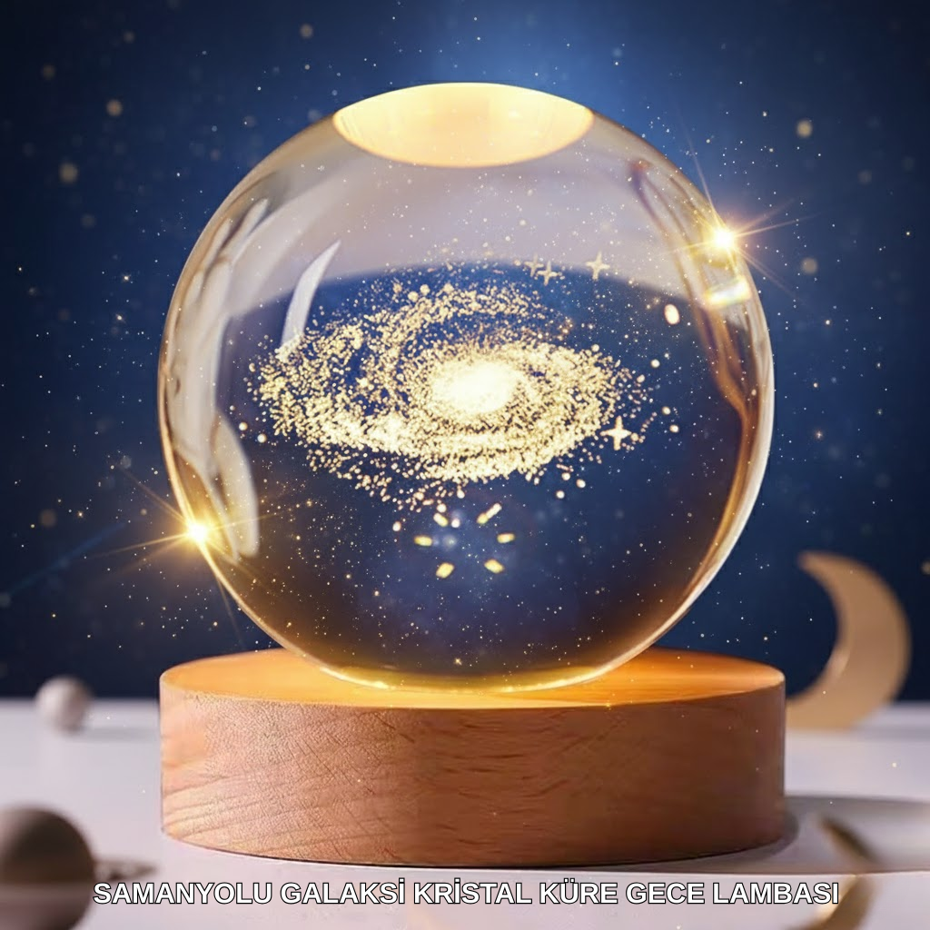 3D Lazer İşlemeli Galaksi Küre USB LED Ahşap Standlı Oda Gece Lambası - Lisinya