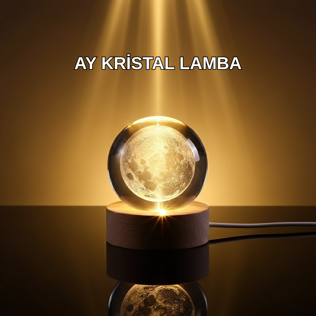 3D Lazer İşlemeli Ay Küresi Ahşap Standlı USB Bağlantılı Dekoratif Lamba - Lisinya