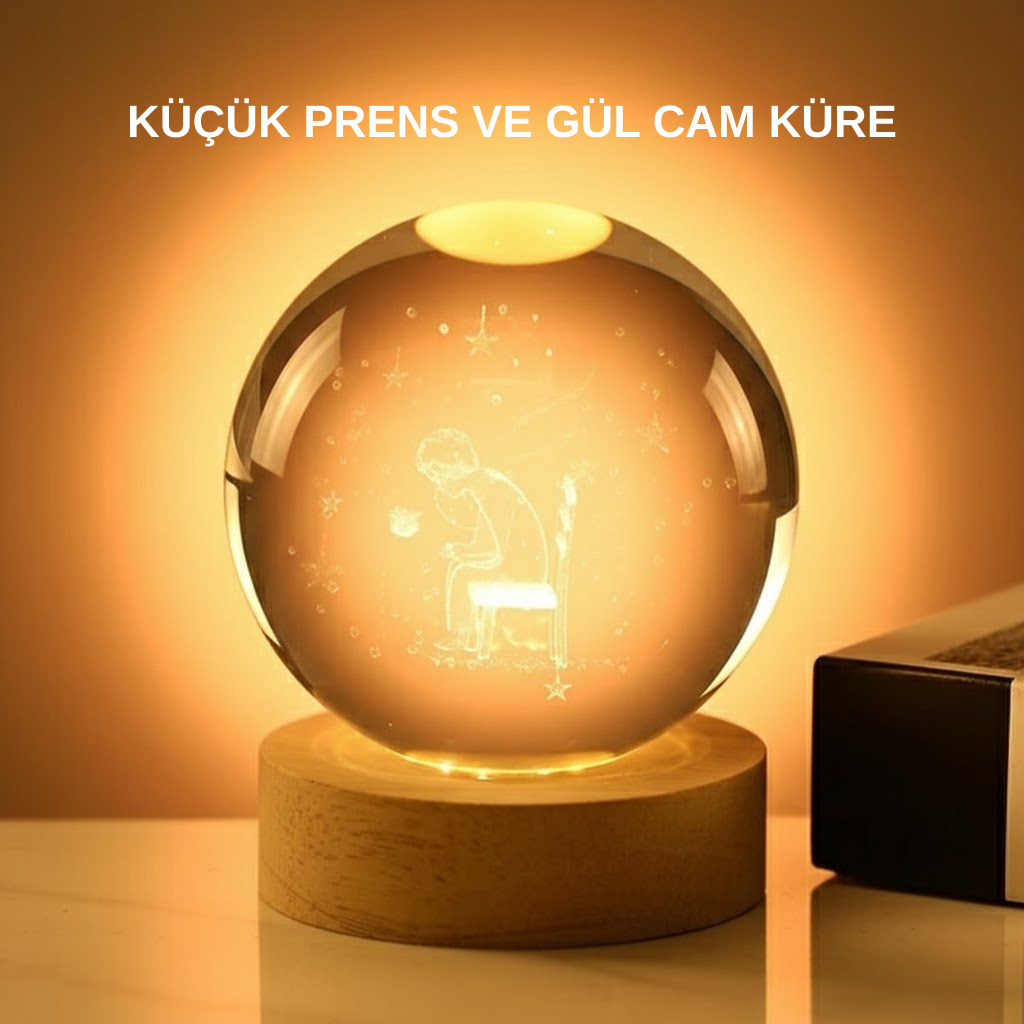 8 cm Küçük Prens Cam Küre USB Işıklı Ahşap Tabanlı Dekor - Lisinya